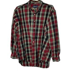 Ralph Lauren Men’s L Tartan Plaid Button Up Shirt Red Green Long Sleeve Cotton
